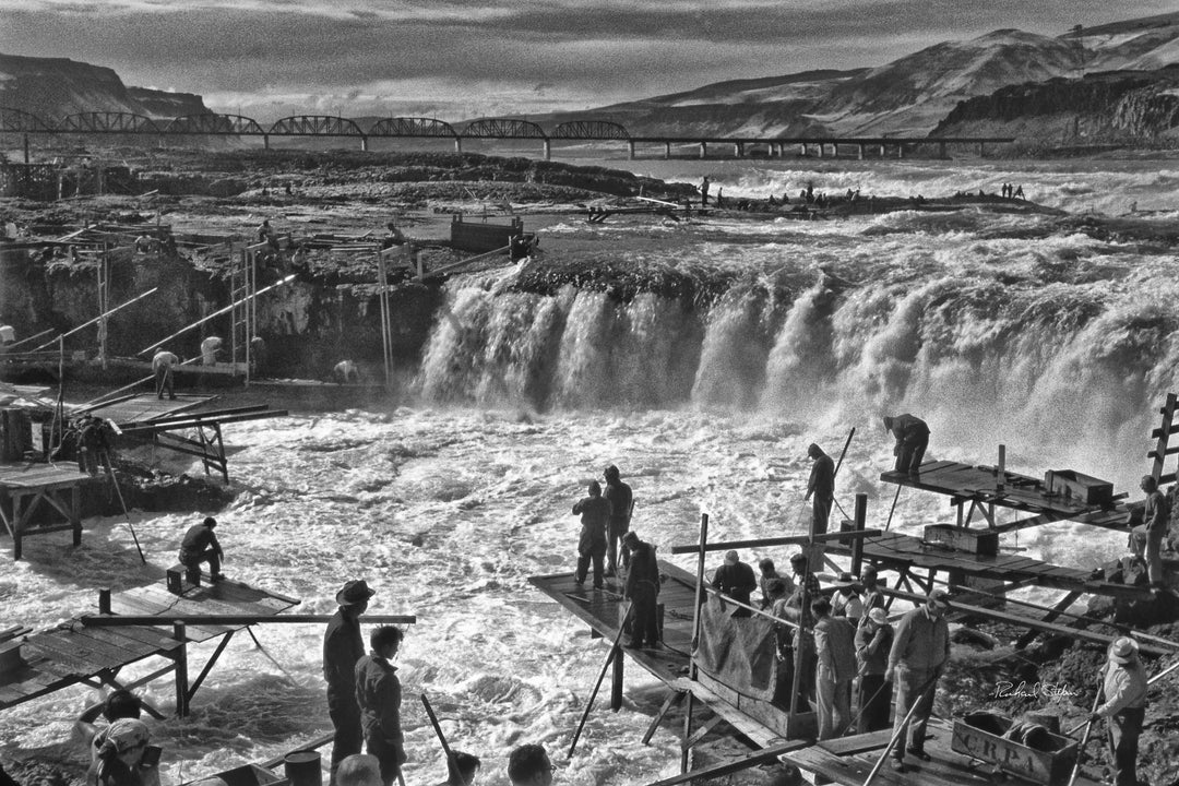 Celilo Falls Overlook I black and white historic art photograph by Richard Stefani at Stefani Fine Art. Columbia River Gorge waterfall that was destroyed in 1957.